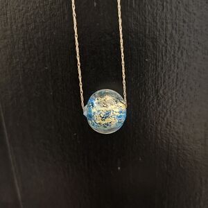 Pure Gold Necklace With Single Blue/Gold Glass Bead